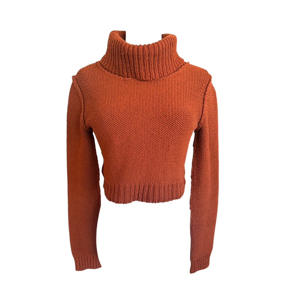 Free People Rust Orange Cropped Turtleneck Chunky Knit Sweater Size XS